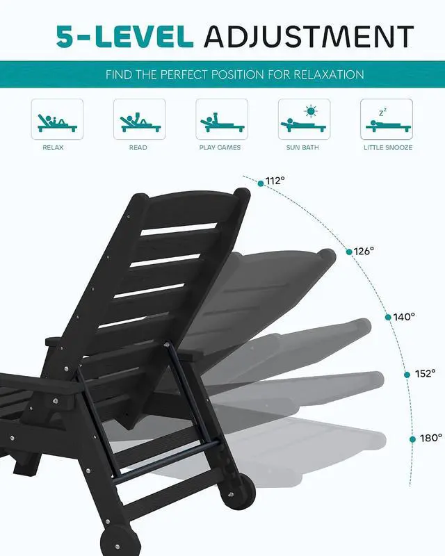 Alt view image 4 of 7 - Patio Chaise Lounge Chair Set of 2, 78'' Long 5-Positions Adjustable HDPE Outdoor Lounger for Pool, Poly Lounge Chair with Rolling Wheels & Cup Holder for Poolside, Deck, Black