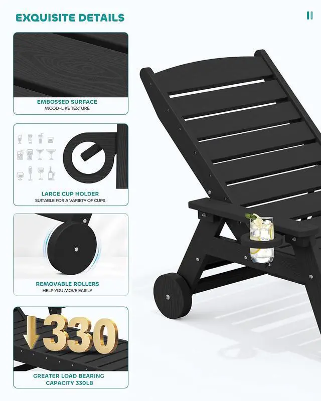Alt view image 5 of 7 - Patio Chaise Lounge Chair Set of 2, 78'' Long 5-Positions Adjustable HDPE Outdoor Lounger for Pool, Poly Lounge Chair with Rolling Wheels & Cup Holder for Poolside, Deck, Black