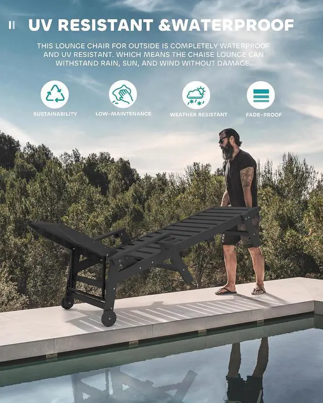 Alt view image 6 of 7 - Patio Chaise Lounge Chair Set of 2, 78'' Long 5-Positions Adjustable HDPE Outdoor Lounger for Pool, Poly Lounge Chair with Rolling Wheels & Cup Holder for Poolside, Deck, Black