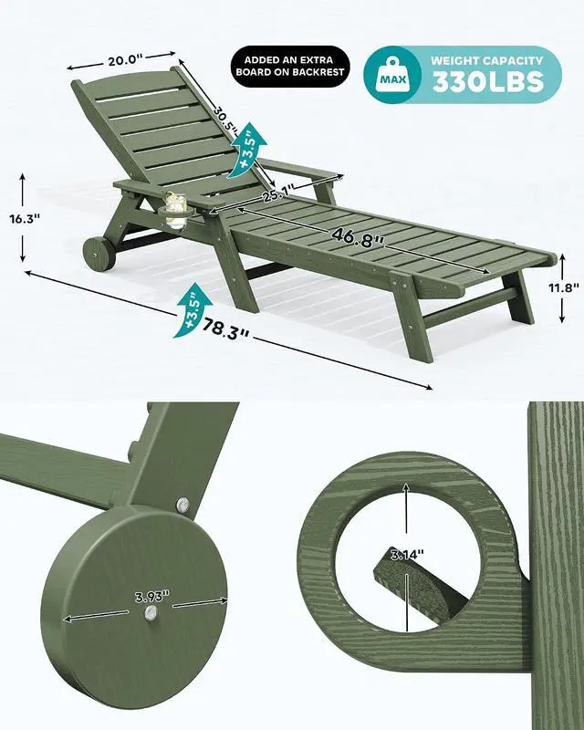 Alt view image 2 of 7 - Patio Chaise Lounge Chair Set of 2, 78'' Long 5-Positions Adjustable HDPE Outdoor Lounger for Pool, Poly Lounge Chair with Rolling Wheels & Cup Holder for Poolside, Deck, Avocado Green