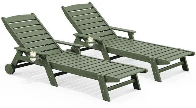 Main image of Patio Chaise Lounge Chair Set of 2, 78'' Long 5-Positions Adjustable HDPE Outdoor Lounger for Pool, Poly Lounge Chair with Rolling Wheels & Cup Holder for Poolside, Deck, Avocado Green