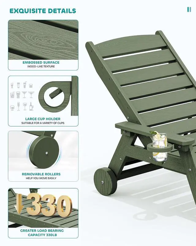 Alt view image 4 of 7 - Patio Chaise Lounge Chair Set of 2, 78'' Long 5-Positions Adjustable HDPE Outdoor Lounger for Pool, Poly Lounge Chair with Rolling Wheels & Cup Holder for Poolside, Deck, Avocado Green