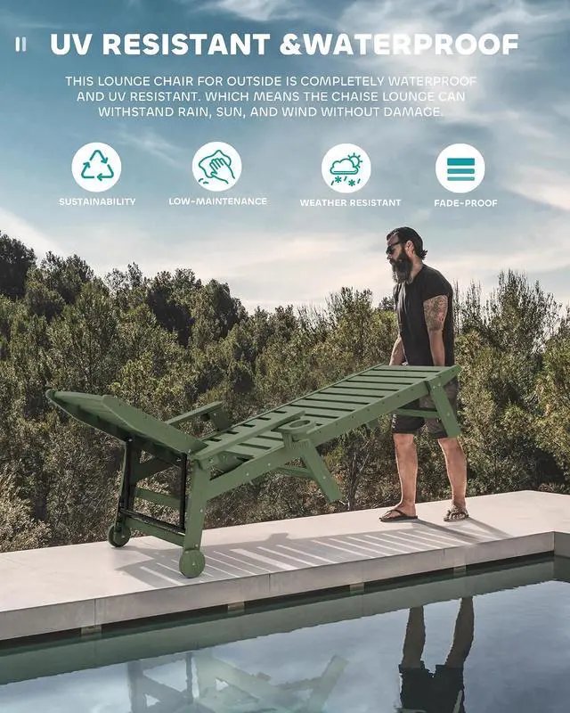Alt view image 5 of 7 - Patio Chaise Lounge Chair Set of 2, 78'' Long 5-Positions Adjustable HDPE Outdoor Lounger for Pool, Poly Lounge Chair with Rolling Wheels & Cup Holder for Poolside, Deck, Avocado Green
