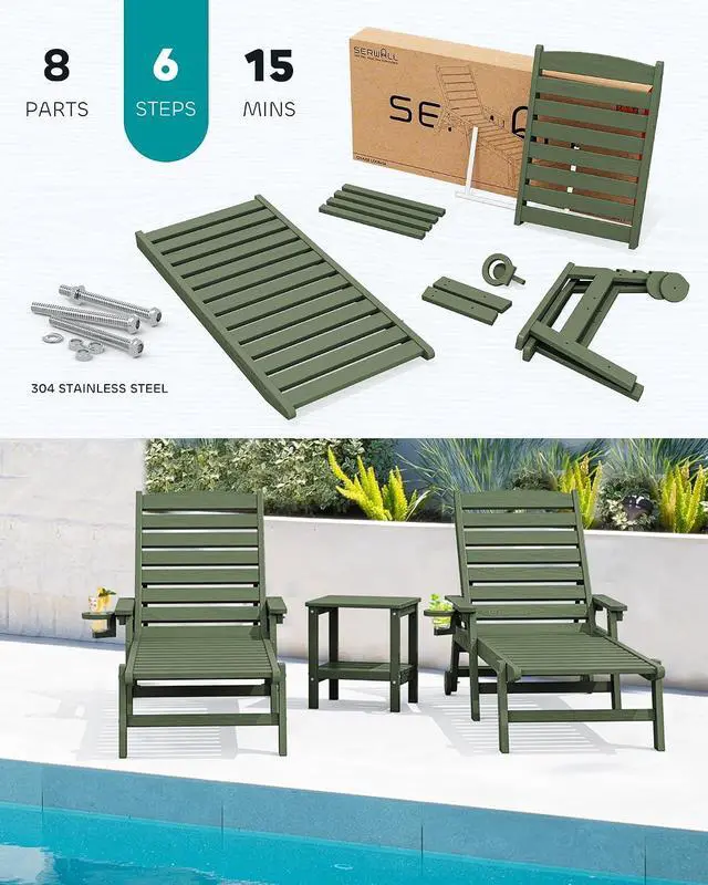 Alt view image 6 of 7 - Patio Chaise Lounge Chair Set of 2, 78'' Long 5-Positions Adjustable HDPE Outdoor Lounger for Pool, Poly Lounge Chair with Rolling Wheels & Cup Holder for Poolside, Deck, Avocado Green