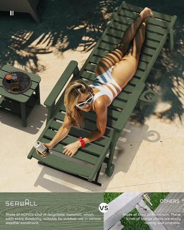 Alt view image 7 of 7 - Patio Chaise Lounge Chair Set of 2, 78'' Long 5-Positions Adjustable HDPE Outdoor Lounger for Pool, Poly Lounge Chair with Rolling Wheels & Cup Holder for Poolside, Deck, Avocado Green