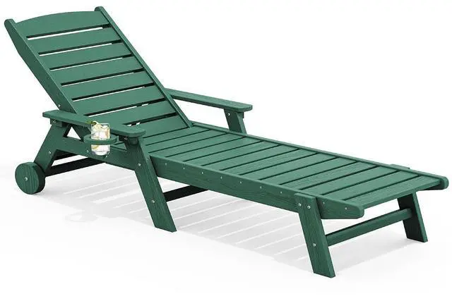Main image of Patio Chaise Lounge Chair, 78'' Long HDPE 5 Positions Adjustable Outdoor Lounger, Poly Lounge Chair with Rolling Wheels & Cup Holder for Pool, Dark Green