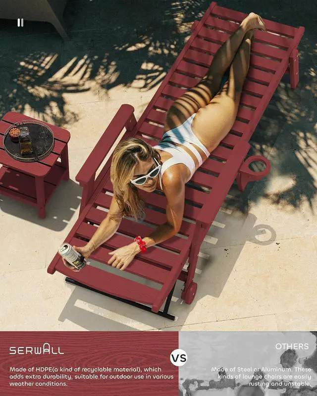 Alt view image 2 of 7 - Patio Chaise Lounge Chair, 78'' Long HDPE 5 Positions Adjustable Outdoor Lounger, Poly Lounge Chair with Rolling Wheels & Cup Holder for Pool, Dark Red