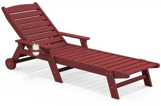 Main image of Patio Chaise Lounge Chair, 78'' Long HDPE 5 Positions Adjustable Outdoor Lounger, Poly Lounge Chair with Rolling Wheels & Cup Holder for Pool, Dark Red