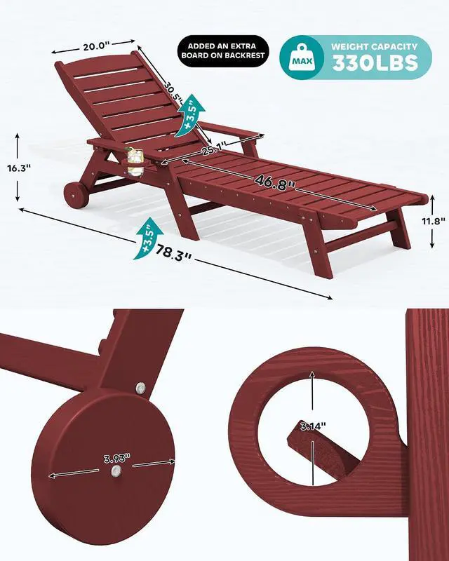 Alt view image 3 of 7 - Patio Chaise Lounge Chair, 78'' Long HDPE 5 Positions Adjustable Outdoor Lounger, Poly Lounge Chair with Rolling Wheels & Cup Holder for Pool, Dark Red