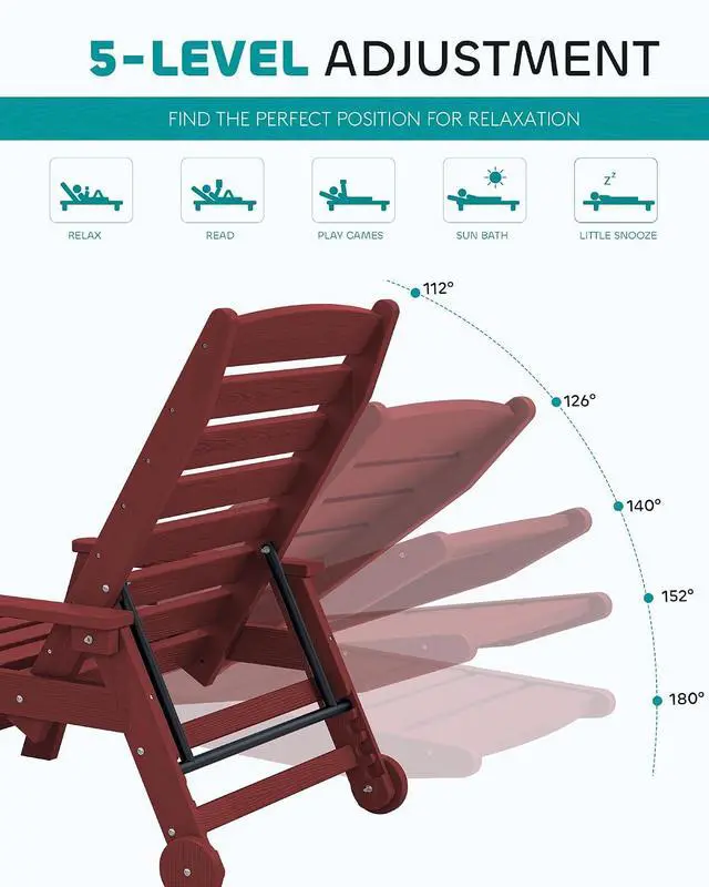 Alt view image 4 of 7 - Patio Chaise Lounge Chair, 78'' Long HDPE 5 Positions Adjustable Outdoor Lounger, Poly Lounge Chair with Rolling Wheels & Cup Holder for Pool, Dark Red