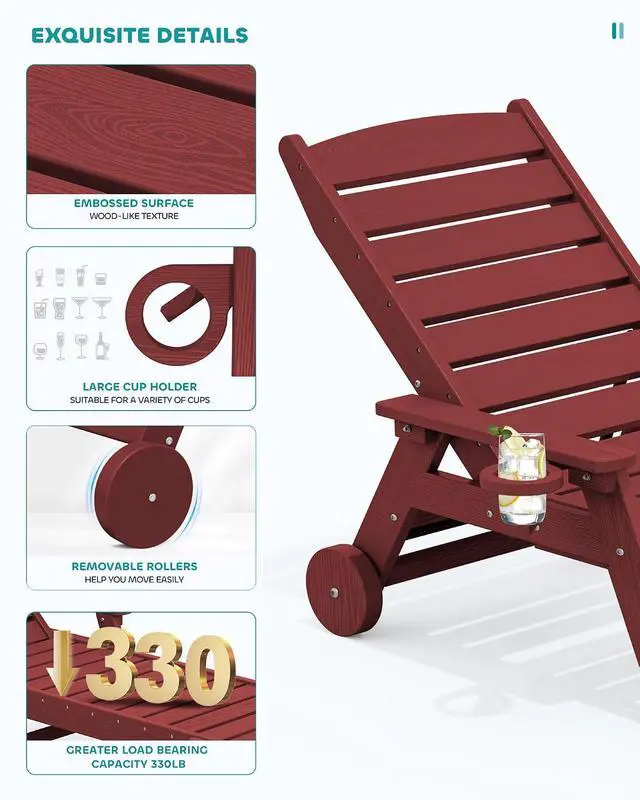 Alt view image 4 of 6 - Patio Chaise Lounge Chair Set of 4, 5 Positions Adjustable Poly Outdoor Lounger for Pool, HDPE Lounge Chair with Rolling Wheels & Cup Holder for Poolside, Deck, Dark Red