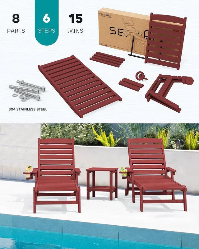 Alt view image 6 of 7 - Patio Chaise Lounge Chair, 78'' Long HDPE 5 Positions Adjustable Outdoor Lounger, Poly Lounge Chair with Rolling Wheels & Cup Holder for Pool, Dark Red