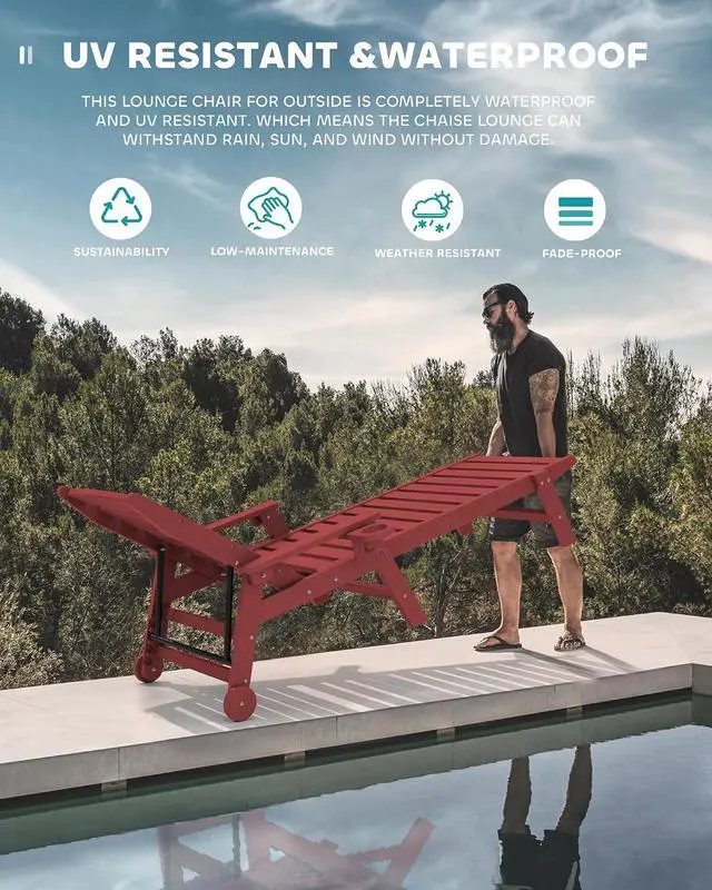 Alt view image 6 of 6 - Patio Chaise Lounge Chair Set of 4, 5 Positions Adjustable Poly Outdoor Lounger for Pool, HDPE Lounge Chair with Rolling Wheels & Cup Holder for Poolside, Deck, Dark Red
