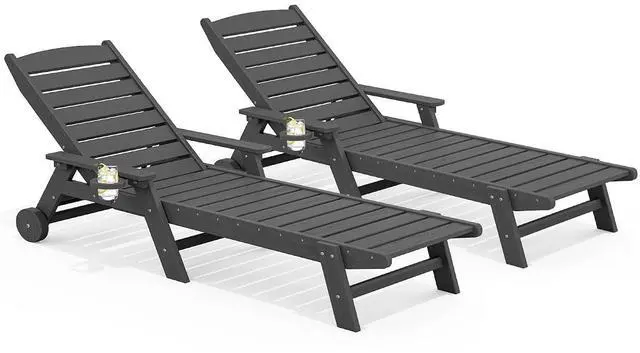 Main image of Patio Chaise Lounge Chair Set of 2, 78'' Long 5-Positions Adjustable HDPE Outdoor Lounger for Pool, Poly Lounge Chair with Rolling Wheels & Cup Holder for Poolside, Deck, Gray