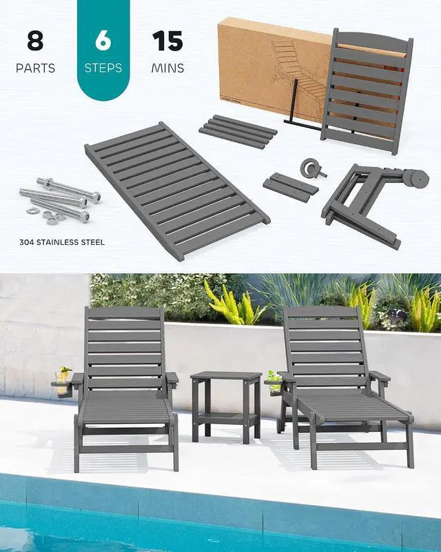 Alt view image 7 of 7 - Patio Chaise Lounge Chair Set of 4, Slate Gray