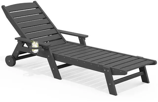 Main image of Patio Chaise Lounge Chair, 78'' Long HDPE 5 Positions Adjustable Outdoor Lounger, Poly Lounge Chair with Rolling Wheels & Cup Holder for Pool, Slate Gray