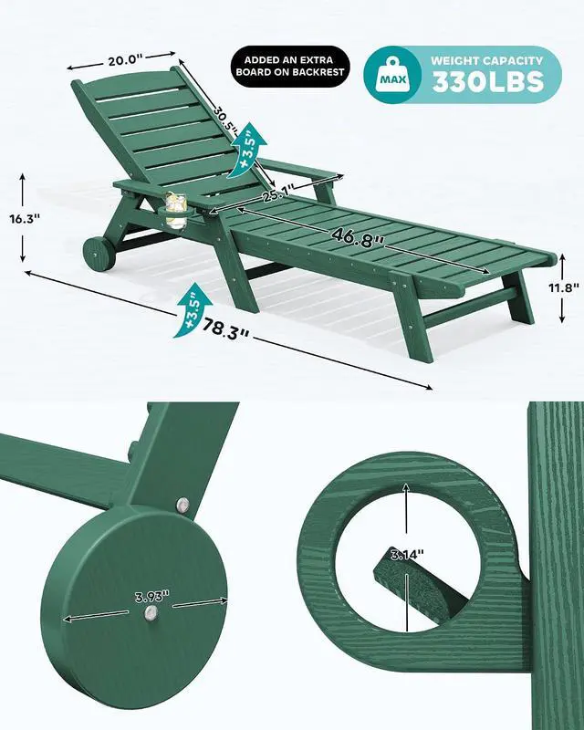 Alt view image 2 of 7 - Patio Chaise Lounge Chair, 78'' Long HDPE 5 Positions Adjustable Outdoor Lounger, Poly Lounge Chair with Rolling Wheels & Cup Holder for Pool, Dark Green
