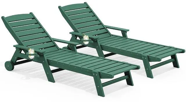 Main image of Patio Chaise Lounge Chair Set of 2, 78'' Long 5-Positions Adjustable HDPE Outdoor Lounger for Pool, Poly Lounge Chair with Rolling Wheels & Cup Holder for Poolside, Deck, Dark Green