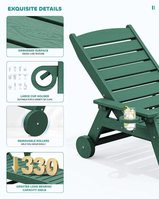 Alt view image 4 of 7 - Patio Chaise Lounge Chair, 78'' Long HDPE 5 Positions Adjustable Outdoor Lounger, Poly Lounge Chair with Rolling Wheels & Cup Holder for Pool, Dark Green