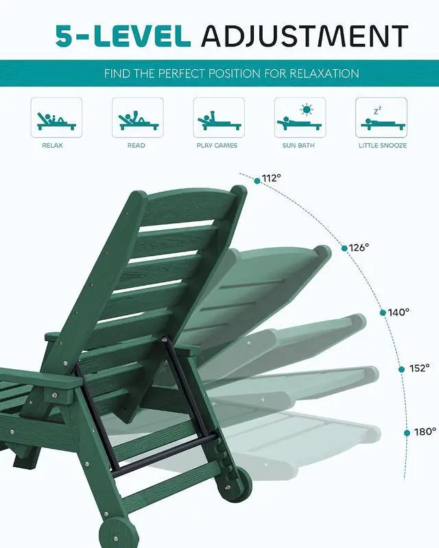 Alt view image 3 of 7 - Patio Chaise Lounge Chair, 78'' Long HDPE 5 Positions Adjustable Outdoor Lounger, Poly Lounge Chair with Rolling Wheels & Cup Holder for Pool, Dark Green