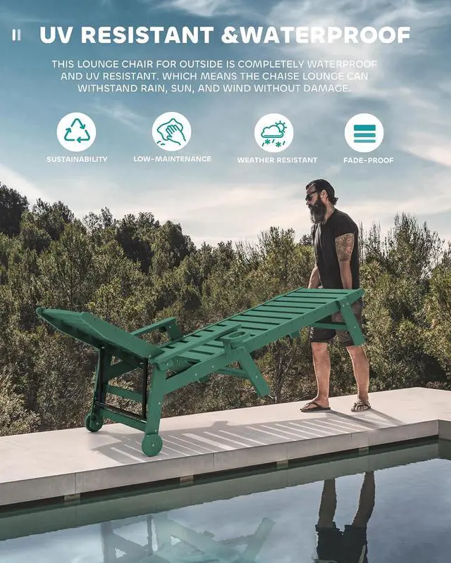 Alt view image 5 of 7 - Patio Chaise Lounge Chair, 78'' Long HDPE 5 Positions Adjustable Outdoor Lounger, Poly Lounge Chair with Rolling Wheels & Cup Holder for Pool, Dark Green
