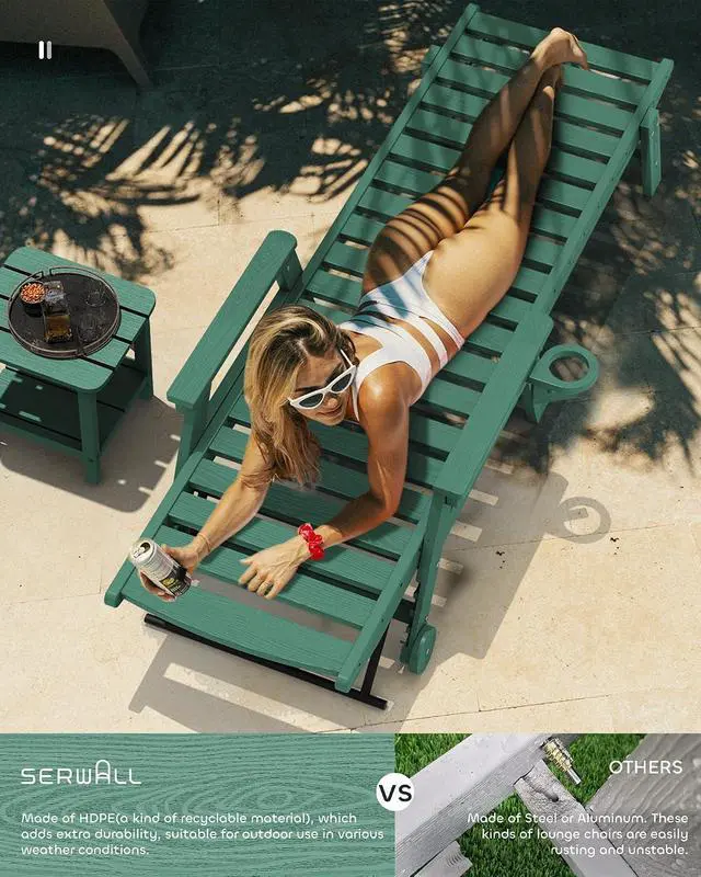Alt view image 7 of 7 - Patio Chaise Lounge Chair, 78'' Long HDPE 5 Positions Adjustable Outdoor Lounger, Poly Lounge Chair with Rolling Wheels & Cup Holder for Pool, Dark Green