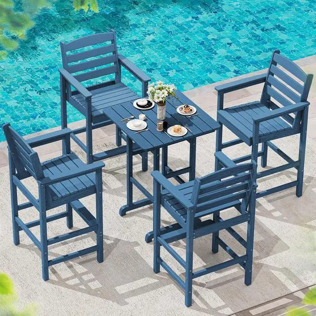 Alt view image 2 of 7 - Tall Adirondack Chairs Set of 2, Oversize Balcony Adirondack Chairs Set, Outdoor Bar Height Barstools Widened Chair Set for Bistro, Poolside, Garden, Blue