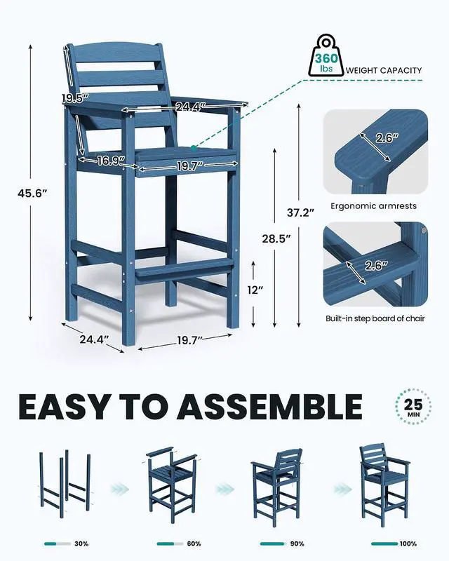 Alt view image 3 of 7 - Tall Adirondack Chairs Set of 2, Oversize Balcony Adirondack Chairs Set, Outdoor Bar Height Barstools Widened Chair Set for Bistro, Poolside, Garden, Blue