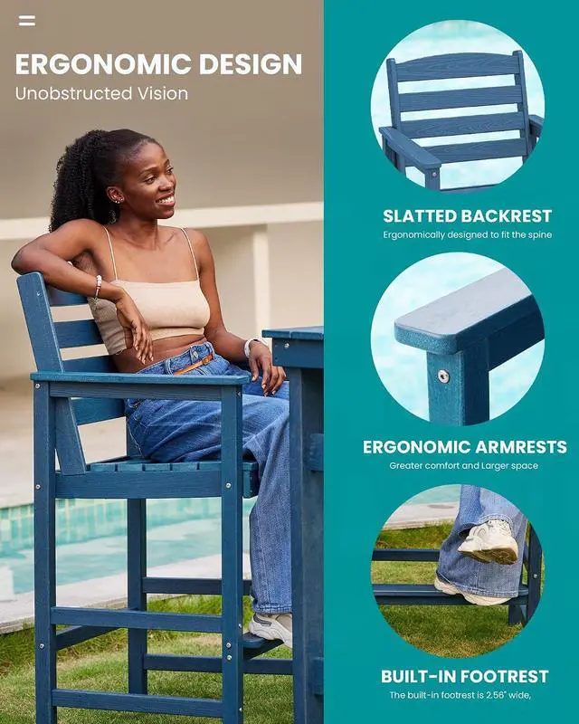 Alt view image 5 of 7 - Tall Adirondack Chairs Set of 2, Oversize Balcony Adirondack Chairs Set, Outdoor Bar Height Barstools Widened Chair Set for Bistro, Poolside, Garden, Blue