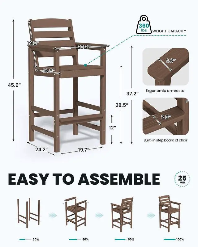 Alt view image 2 of 7 - Tall Adirondack Chairs Set of 2, Oversize Balcony Adirondack Chairs Set, Outdoor Bar Height Barstools Widened Chair Set for Bistro, Poolside, Garden, Brown
