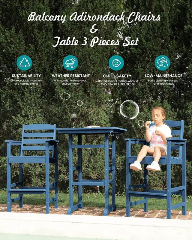 Alt view image 6 of 7 - Tall Adirondack Chairs Set of 2, Oversize Balcony Adirondack Chairs Set, Outdoor Bar Height Barstools Widened Chair Set for Bistro, Poolside, Garden, Blue