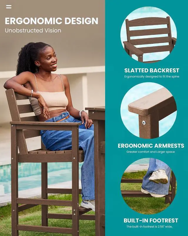Alt view image 4 of 7 - Tall Adirondack Chairs Set of 2, Oversize Balcony Adirondack Chairs Set, Outdoor Bar Height Barstools Widened Chair Set for Bistro, Poolside, Garden, Brown