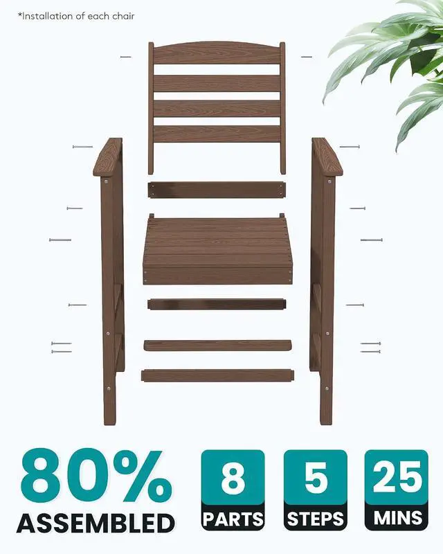 Alt view image 6 of 7 - Tall Adirondack Chairs Set of 2, Oversize Balcony Adirondack Chairs Set, Outdoor Bar Height Barstools Widened Chair Set for Bistro, Poolside, Garden, Brown