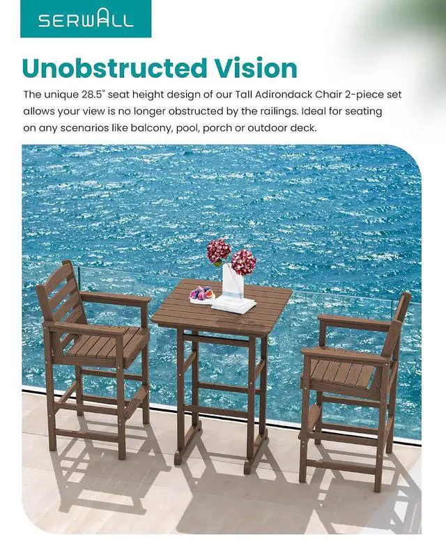Alt view image 5 of 7 - Tall Adirondack Chairs Set of 2, Oversize Balcony Adirondack Chairs Set, Outdoor Bar Height Barstools Widened Chair Set for Bistro, Poolside, Garden, Brown