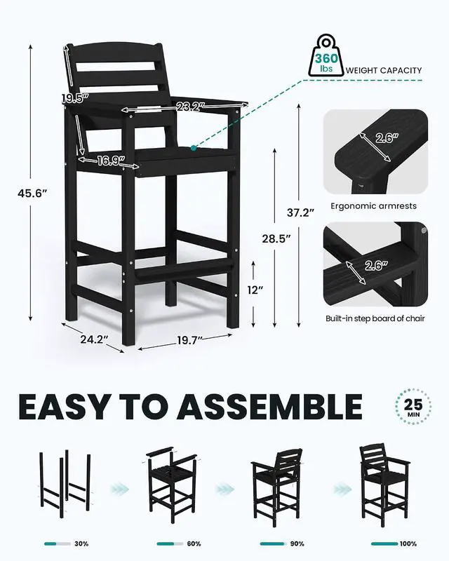Alt view image 2 of 7 - Tall Adirondack Chairs Set of 2, Oversize Balcony Adirondack Chairs Set, Outdoor Bar Height Barstools Widened Chair Set for Bistro, Poolside, Garden, Black