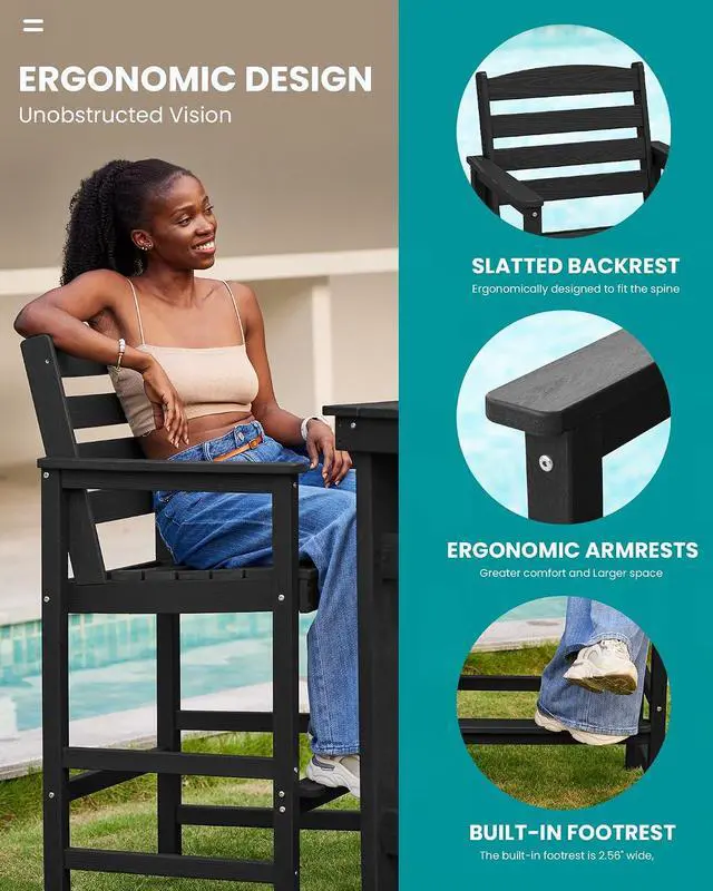 Alt view image 4 of 7 - Tall Adirondack Chairs Set of 2, Oversize Balcony Adirondack Chairs Set, Outdoor Bar Height Barstools Widened Chair Set for Bistro, Poolside, Garden, Black