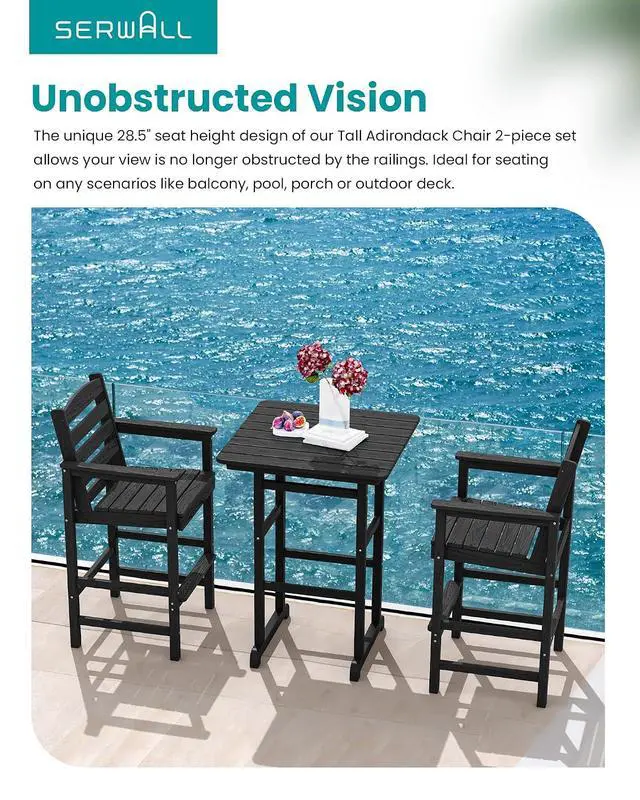 Alt view image 6 of 7 - Tall Adirondack Chairs Set of 2, Oversize Balcony Adirondack Chairs Set, Outdoor Bar Height Barstools Widened Chair Set for Bistro, Poolside, Garden, Black