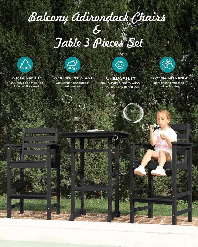 Alt view image 7 of 7 - Tall Adirondack Chairs Set of 2, Oversize Balcony Adirondack Chairs Set, Outdoor Bar Height Barstools Widened Chair Set for Bistro, Poolside, Garden, Black