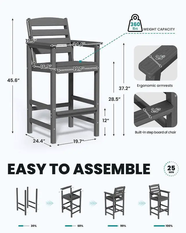 Alt view image 2 of 7 - Tall Adirondack Chairs Set of 2, Oversize Balcony Adirondack Chairs Set, Outdoor Bar Height Barstools Widened Chair Set for Bistro, Poolside, Garden, Gray