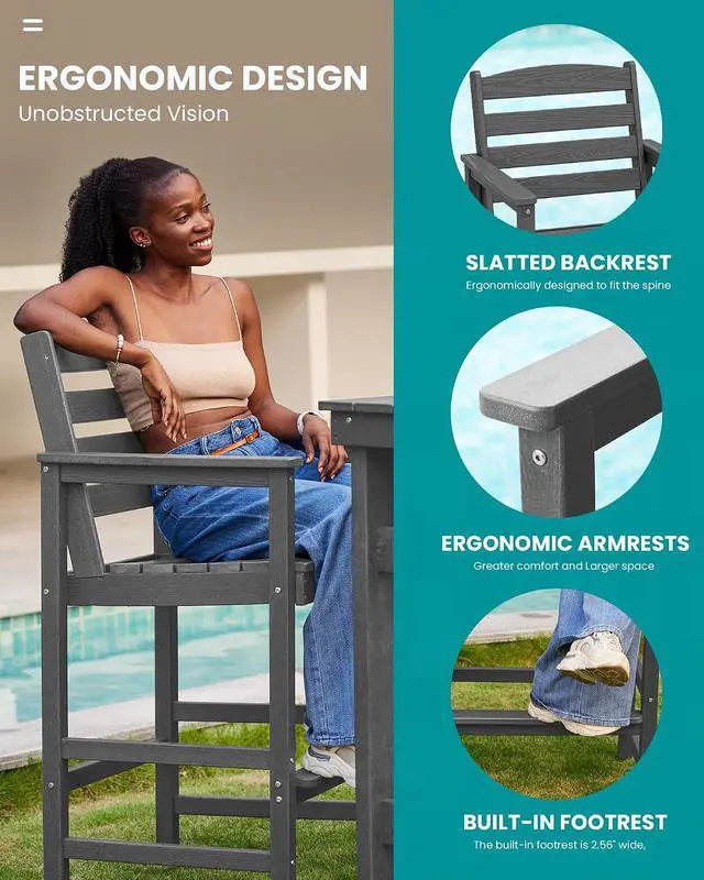 Alt view image 4 of 7 - Tall Adirondack Chairs Set of 2, Oversize Balcony Adirondack Chairs Set, Outdoor Bar Height Barstools Widened Chair Set for Bistro, Poolside, Garden, Gray