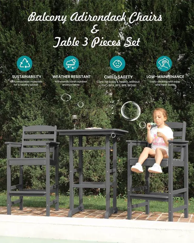 Alt view image 5 of 7 - Tall Adirondack Chairs Set of 2, Oversize Balcony Adirondack Chairs Set, Outdoor Bar Height Barstools Widened Chair Set for Bistro, Poolside, Garden, Gray