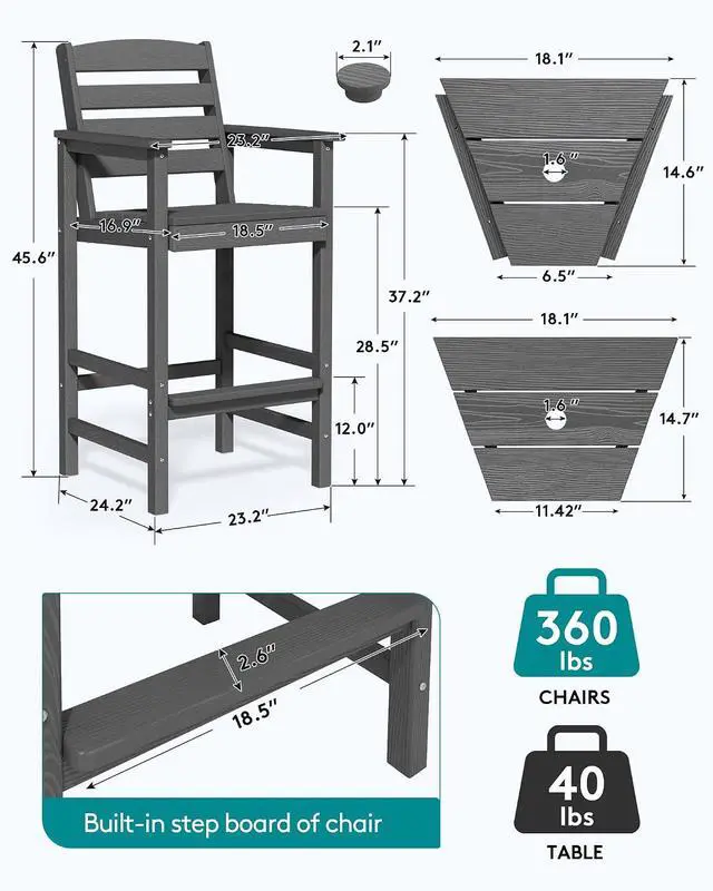 Alt view image 3 of 7 - Tall Adirondack Chairs Set of 2, Outdoor Bar Height Barstools Chair Set for Bistro, Poolside, Garden, Grey (2 Pcs (Connecting))