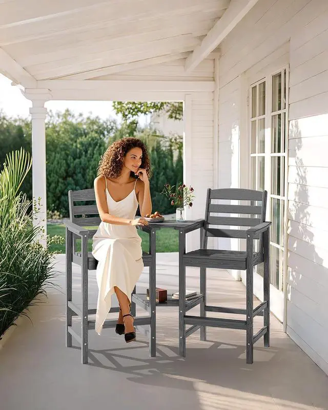 Alt view image 2 of 7 - Tall Adirondack Chairs Set of 2, Outdoor Bar Height Barstools Chair Set for Bistro, Poolside, Garden, Grey (2 Pcs (Connecting))