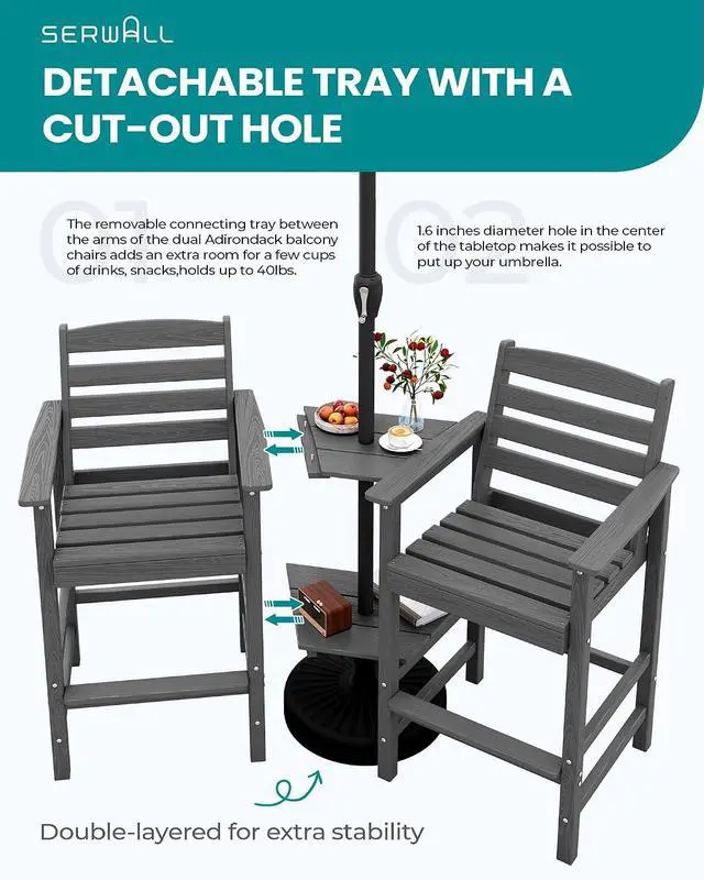 Alt view image 5 of 7 - Tall Adirondack Chairs Set of 2, Outdoor Bar Height Barstools Chair Set for Bistro, Poolside, Garden, Grey (2 Pcs (Connecting))