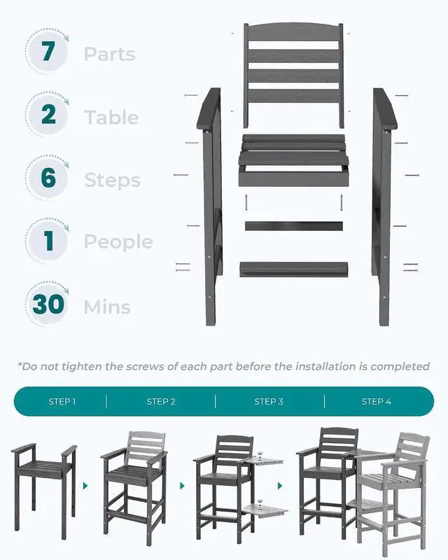 Alt view image 6 of 7 - Tall Adirondack Chairs Set of 2, Outdoor Bar Height Barstools Chair Set for Bistro, Poolside, Garden, Grey (2 Pcs (Connecting))