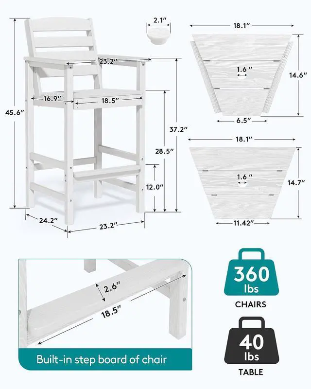 Alt view image 2 of 7 - Tall Adirondack Chairs Set of 2, Outdoor Bar Height Barstools Chair Set for Bistro, Poolside, Garden, White (2 Pcs (Connecting))