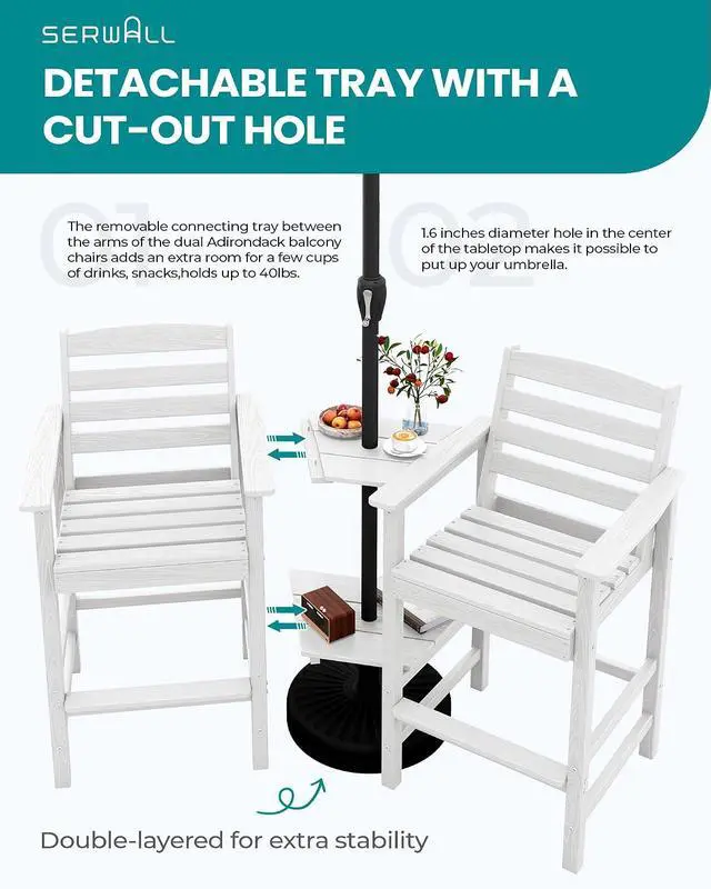 Alt view image 6 of 7 - Tall Adirondack Chairs Set of 2, Outdoor Bar Height Barstools Chair Set for Bistro, Poolside, Garden, White (2 Pcs (Connecting))