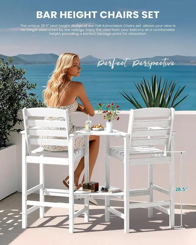 Alt view image 7 of 7 - Tall Adirondack Chairs Set of 2, Outdoor Bar Height Barstools Chair Set for Bistro, Poolside, Garden, White (2 Pcs (Connecting))