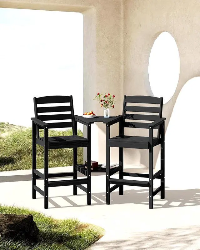 Alt view image 2 of 7 - Tall Adirondack Chairs Set of 2, Outdoor Bar Height Barstools Chair Set for Bistro, Poolside, Garden, Black (2 Pcs (Connecting))