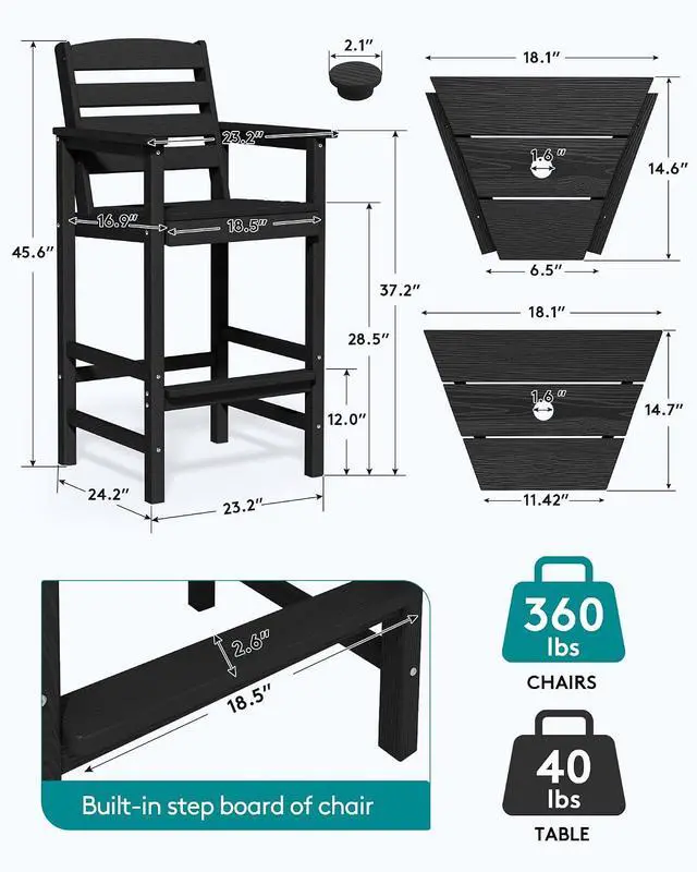 Alt view image 3 of 7 - Tall Adirondack Chairs Set of 2, Outdoor Bar Height Barstools Chair Set for Bistro, Poolside, Garden, Black (2 Pcs (Connecting))